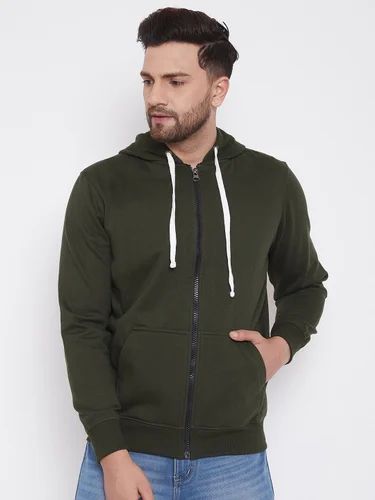 Mens Fleece Olive Green Zipper Hoodies, Size : XL