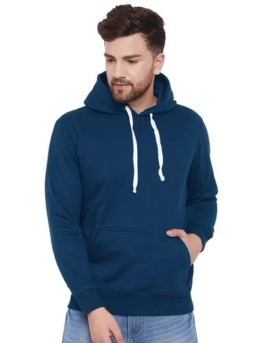 Mens Fleece Plain Blue Hoodies, Size : XL