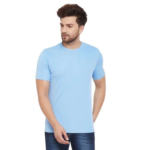 Half Sleeves Mens Polyester Sky Blue T Shirt, For Casual, Size : Medium