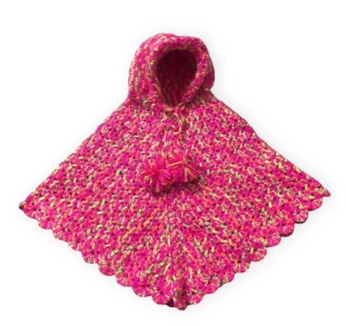 Pink Wool Crochet Poncho With Hood, Age Group : 3-4 Years