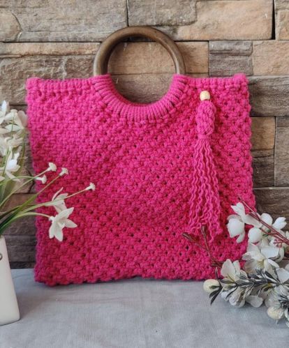 Cotton Yarn Macrame Pink Handbag, For Office Use, Gender : Female