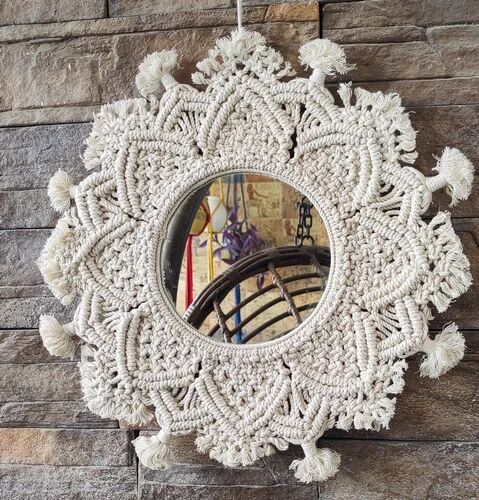 Knotted Polished Glass Off White Macrame Mirror, Feature : Attractive Design, Fine Finishing, High Quality