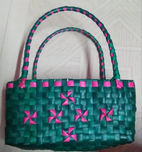 Palm Leaf Peacock Green Handbag, Pattern : Plain