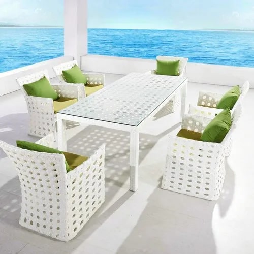 Polished Rattan Wicker Dining Table Set, For Home, Color : White