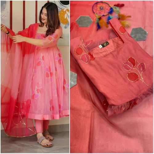 Pure Flower Print Organza Fabric Kurti Pant With Dupatta Set