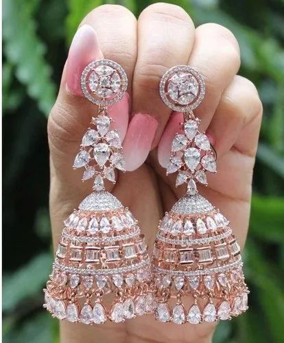 Copper Polished American Diamond Earrings, Color : Golden