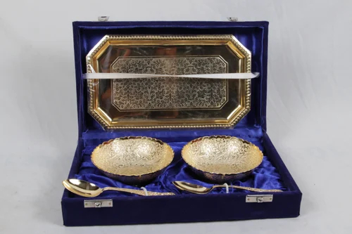 Gold Plated Tray With 2 Bowl and 2 Spoon Set