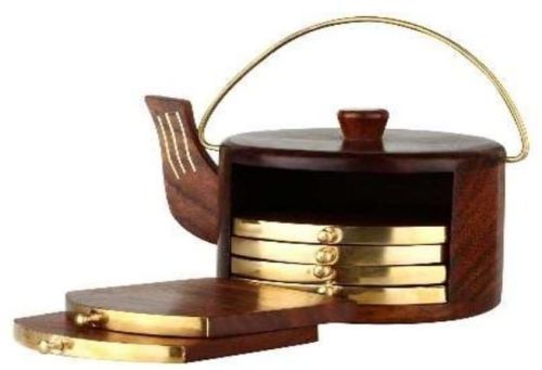 Wooden Kettle Shape Coaster Set, Size : 12*12*7 Cms