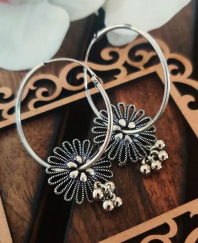 Polished Silver Flower Hoop Earrings, Packaging Type : Plastic Packet