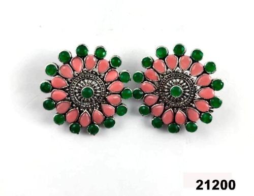 Premium Oxidised With Green Stone & Pearl Earrings