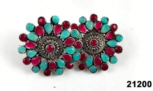 Premium Oxidised With Pink & Blue Stone Earrings