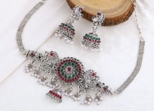 Silver With Multi Ruby Stone Necklace Set