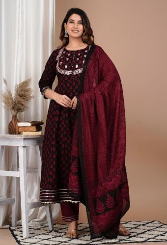 Printed Maroon Anarkali Suit, Occasion : Casual Wear, Festival Wear