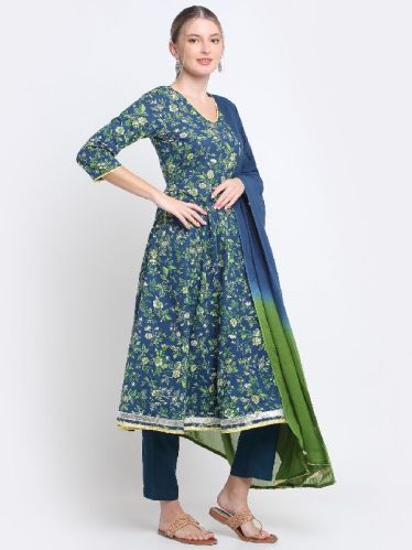 Printed Teal Blue Anarkali Suit, Occasion : Casual Wear