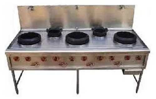 Gas Manual Five Burner Chinese Range, Color : Silver