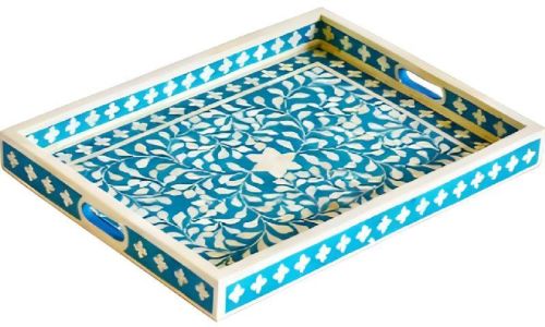 Handmade Bone Inlay Rectangular Serving Tray, For Homes, Hotels, Restaurants, Banquet, Size : Custom