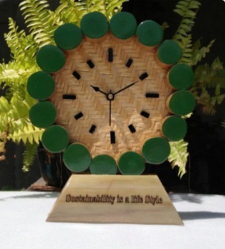 Finished Bamboo Disc Clock, For Decoration, Home, Hotel, Office, Length : 225 Mm