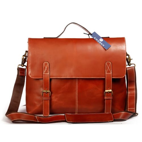 Orange 15 Inch Genuine Leather Briefcase Bag, Gender : Unisex