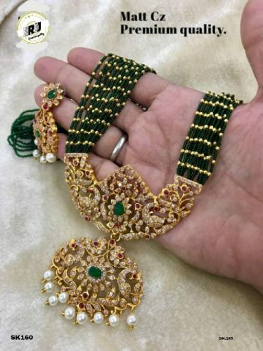 Gold BRASS Artificial Long Green Necklace, Style : Modern