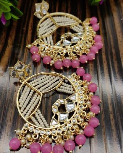 Gold Plated Brass Printed Kundan Earring, Packaging Type : Plastic Packet, Plastic Box