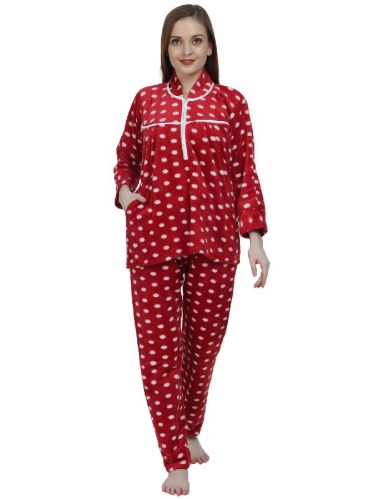 Ladies Maroon Woolen Polka Dot Collar Night Suit