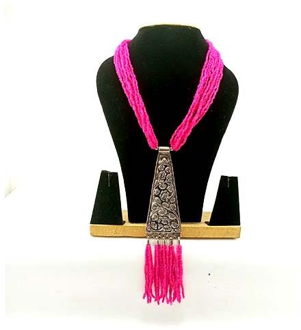 Pink Oxidized Pendant Beads Mala, Length : 15 Inches