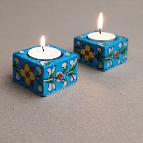 AKS Printed Blue Pottery 200gms T Light Holder, For Decoration