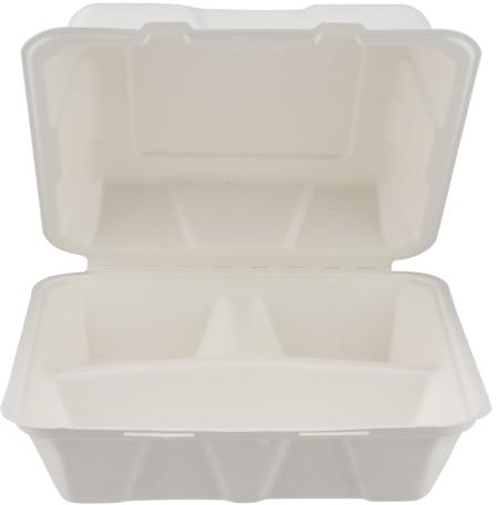 Biodegradable 3 Compartment 9 Inch Hinged Clamshell Multipurpose Square Container - Natural Disposab