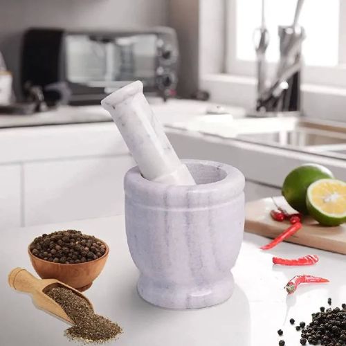 Round Traditional White Marble Mortar and Pestle, For Kitchen, Size : Big Size