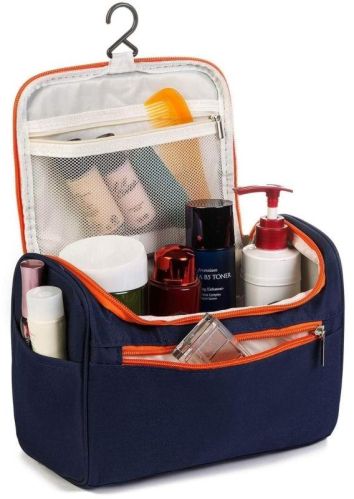 Blue Leather Toiletries Large Bag, For Travel Use, Pattern : Plain