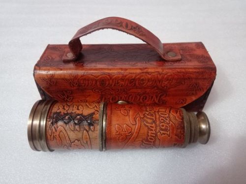 Brown Brass Engraved Telescope With Leather Box, Feature : Durable, Easy To Use