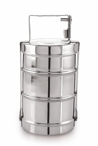 Silver Round 3 Tier Stainless Steel Lunch Box, For Packing Food, Pattern : Plain