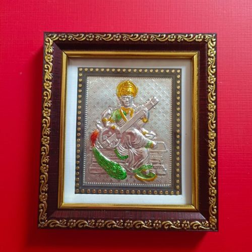 999 Silver Gods Saraswati Ji Photo Brown Frame Momento With Natural Fragrance.