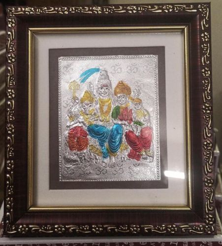 999 Silver Shiv Parwati Pariwar Ji Photo Brown Frame Momento With Natural Fragrance.