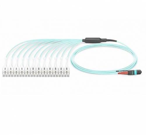 24 Fiber Mm Om3 Mpo Lc Break Out Cable With Pulling Eye, Push Pull Uniboot Connector, Polarity A