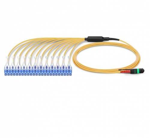 24 Fiber Single Mode Mpo Lc Break Out Cable With Pulling Eye, Yellow, Push Pull Uniboot Connector