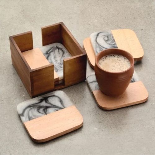 Set Of 4 Wood Resin Coaster Set