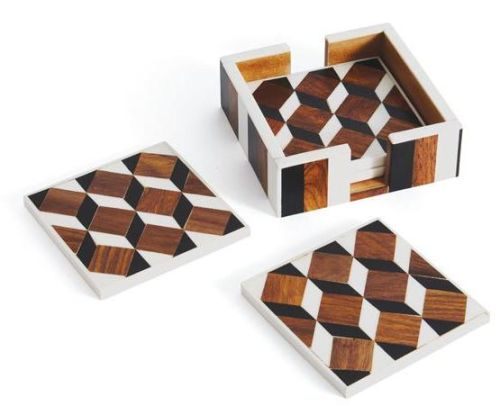 Square Wood and Resin Coaster Set, For Tableware, Size : 10x10 Cm