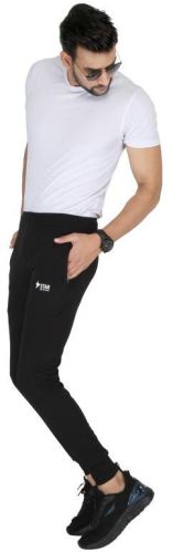 Mens Black Lycra Solid Track Pant With Grip