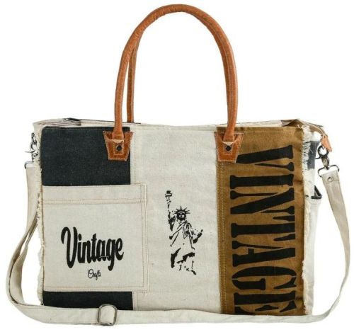 Ladies Printed Canvas and Leather Handle Bag