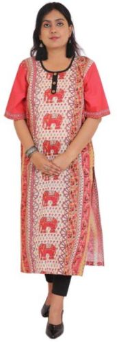 Printed Ladies Long Kurti, Neck Shape : Round Neck