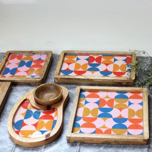 Colourful Hot Streaks Mango Wood Serving Platter Set Of 7 Pcs