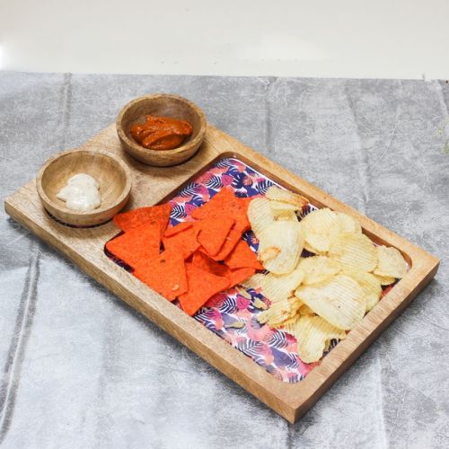 Exotic Berry Blossoms Mango Wood Platter With 2 Bowls