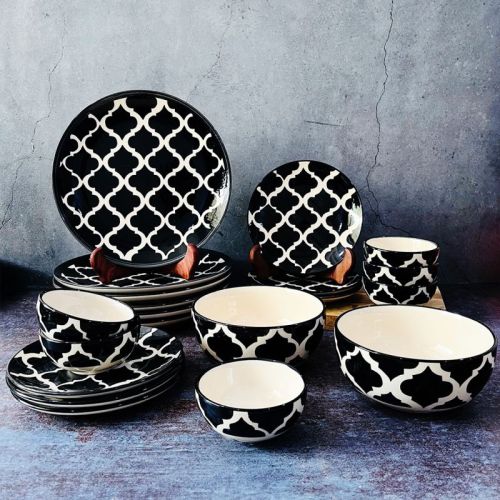 Black Moroccan Hand-painted Ceramic Dinner Set, For Home, Hotel, Size : All Sizes