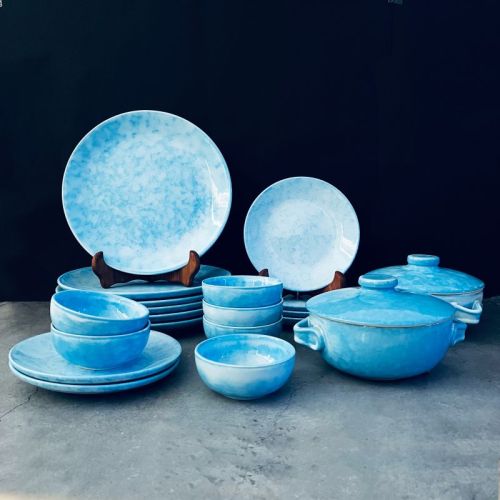 Sky Blue Round Neelam Hand Painted Ceramic Dinner Set, For Home, Hotel, Size : All Sizes