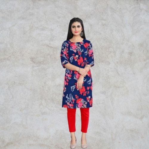 Kokil Crepe Printed Blue Kurti, Size : S, M, XL, XXL