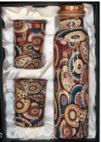 Meena Print Copper Bottle With Glass Set