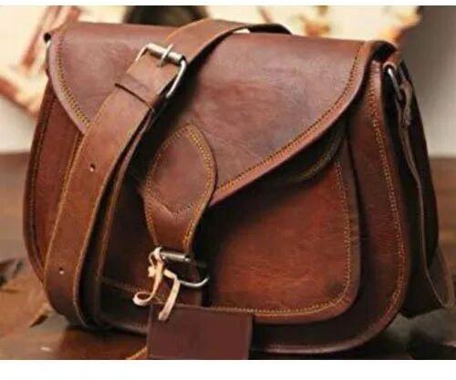 Brown 750 Gm Plain Leather Sling Bag, Size : 12 X 13 Inch