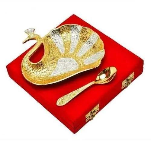 Peacock Design Brass Plate With Spoon, Color : Golden