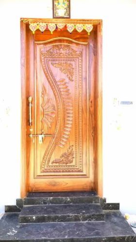 Light Brown Polished Wooden Carved Door, For Home